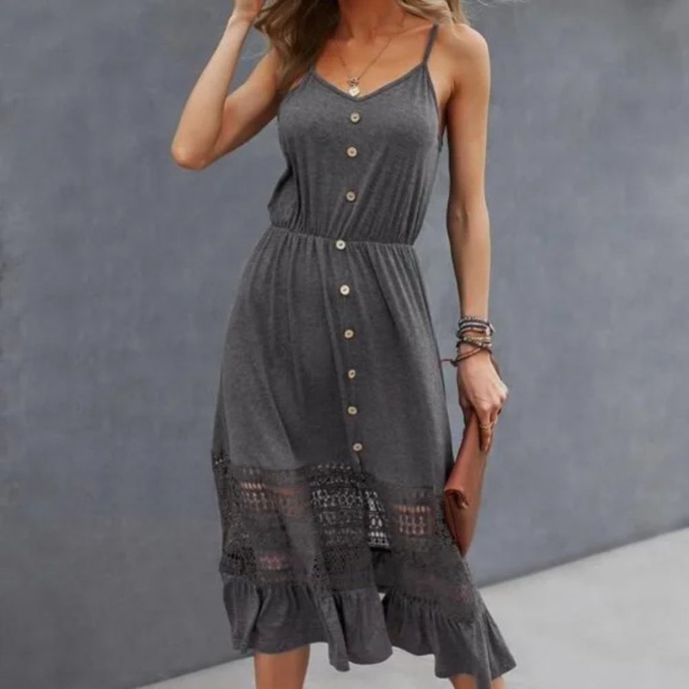 Gray Lace Buttons detail Ruffle Hem Cami Dress - Picture 3 of 6
